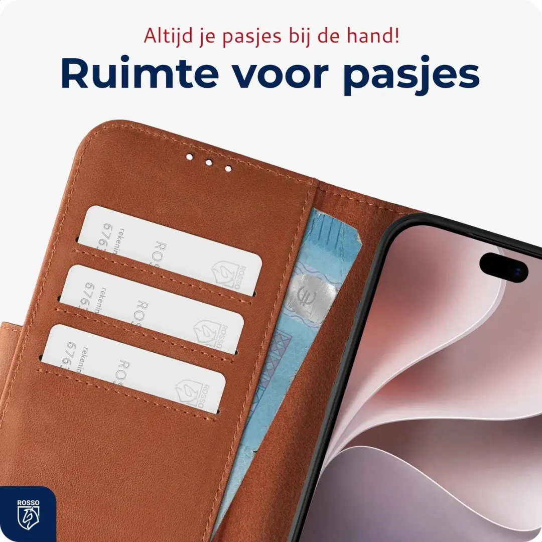 Rosso Deluxe Echt Leer Hoesje iPhone 18 Pro - 3 Pasjes - Bruin - afbeelding 6 van 6