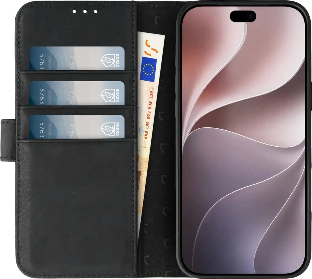 Rosso Elite 262773 Hoesje iPhone 18 Pro - Echt Leer Zwart - 3 Pasjes - afbeelding 4 van 6