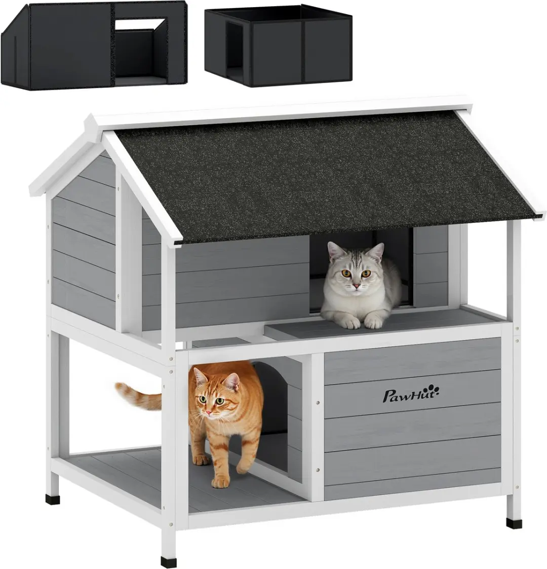 Pawhut Cat House-Vurenhout, Oxford-stof-80L x 93,2B x 95,2H cm-Grijs