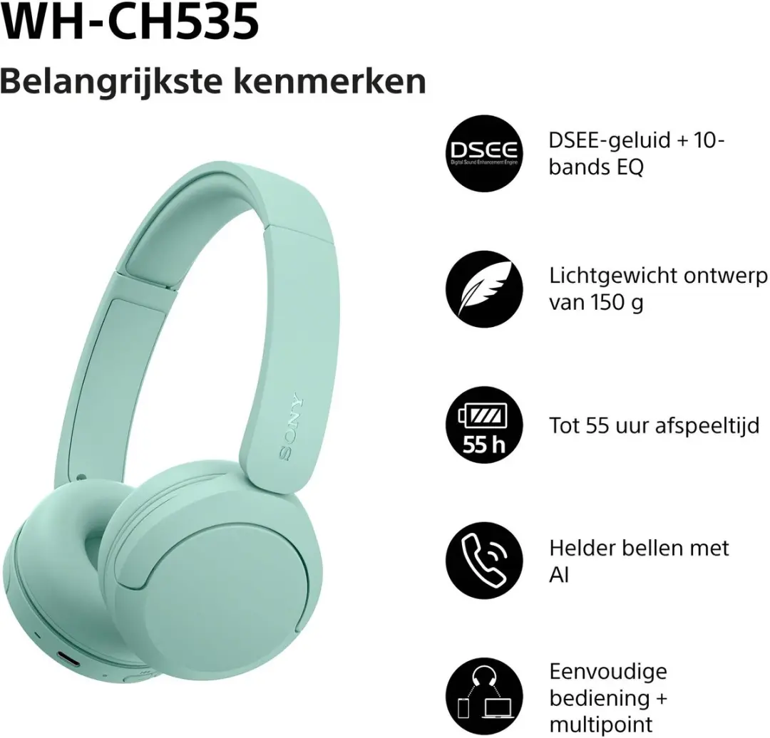 Sony WH-CH535 Draadloze On-Ear Koptelefoon - Mintgroen - afbeelding 5 van 6
