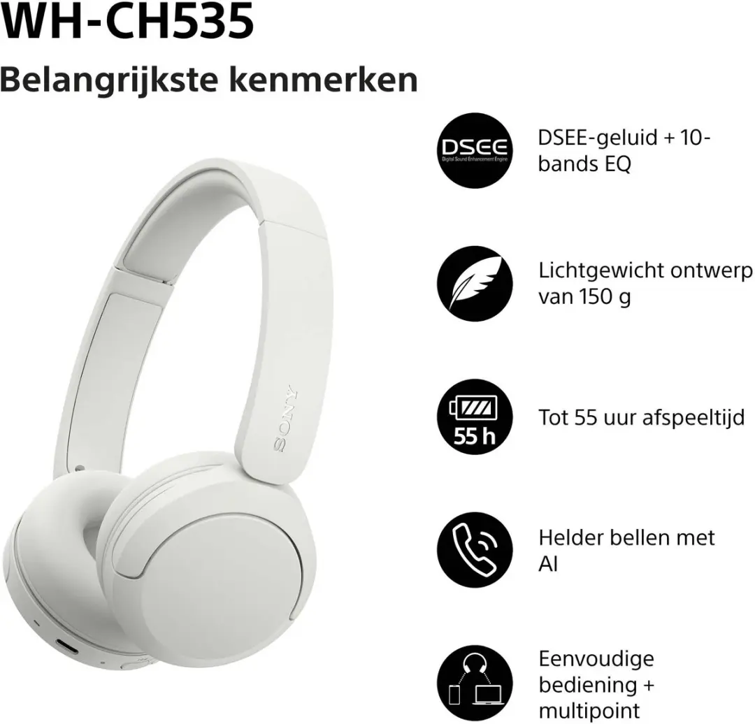 Sony WH-CH535 Draadloze On-Ear Koptelefoon - Wit - afbeelding 5 van 6