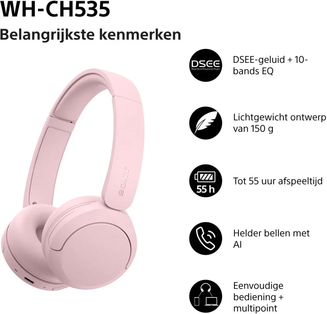 Sony WH-CH535 Draadloze On-Ear Koptelefoon - Roze - afbeelding 5 van 6