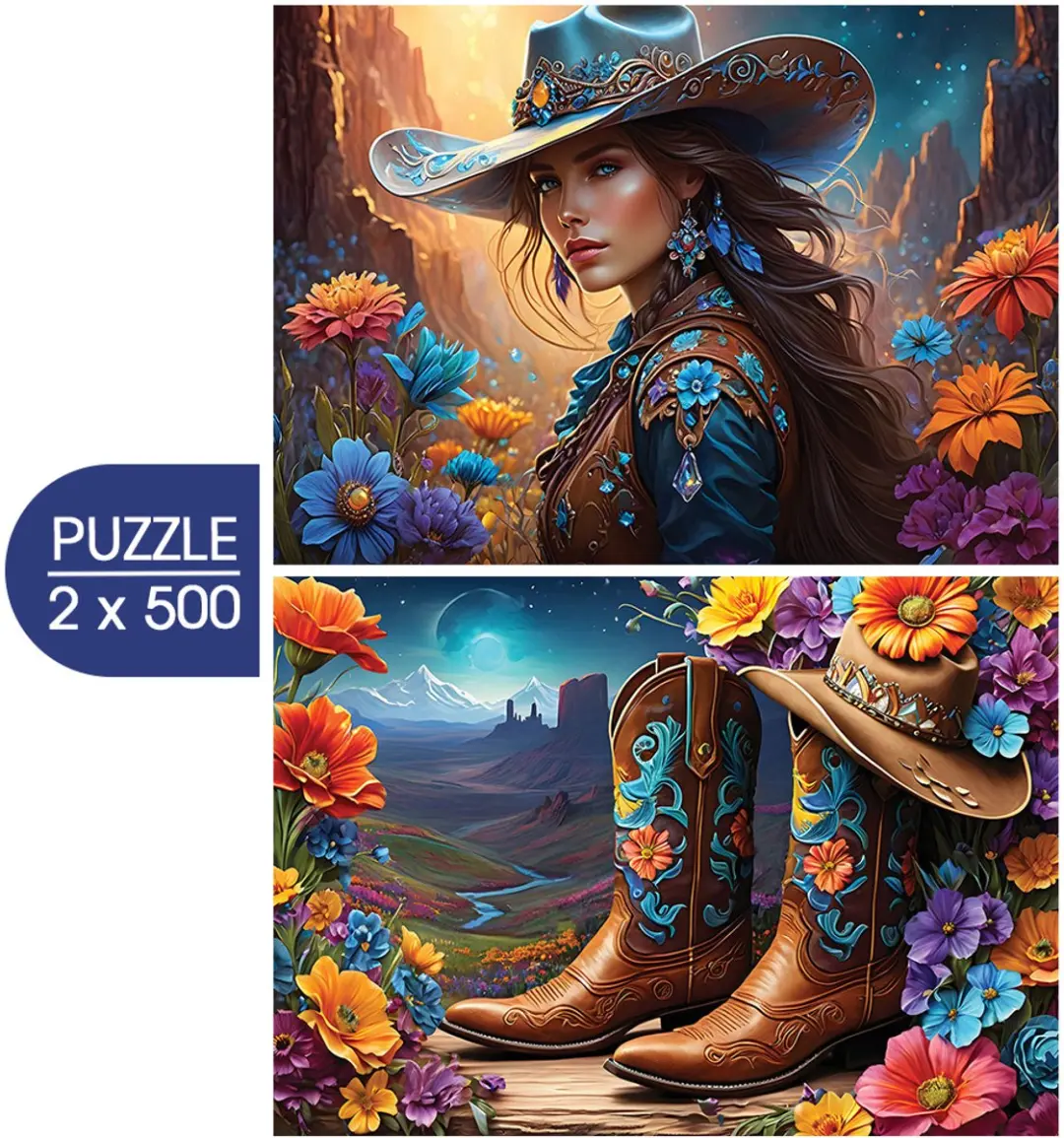 Bluebird Puzzle legpuzzel Far West Cowgirl en Boots 2x500 stukjes.