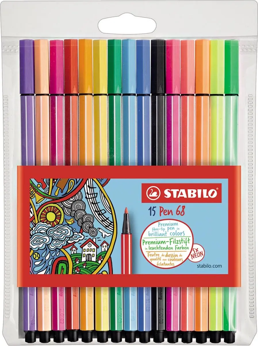 STABILO Pen 68 viltstift, etui van 15 stuks in geassorteerde kleuren 10 stuks