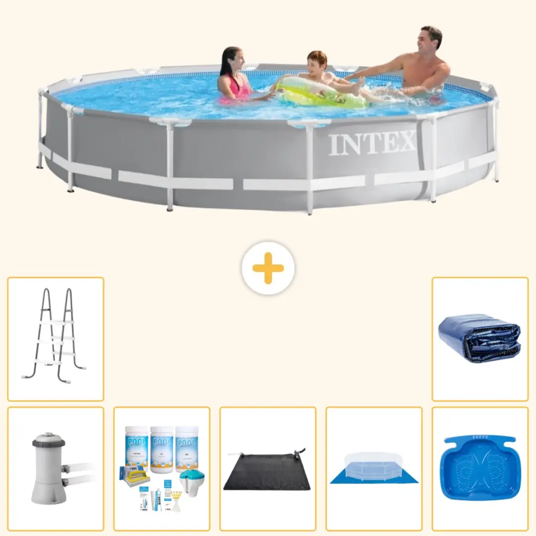Intex Rond Prism Frame Zwembad - 366 x 76 cm - Grijs - Inclusief Pomp - Onderhoudspakket - Solar Mat - Grondzeil - Voetenbad - Ladder - Solarzeil - 8-delig - afbeelding 2 van 2