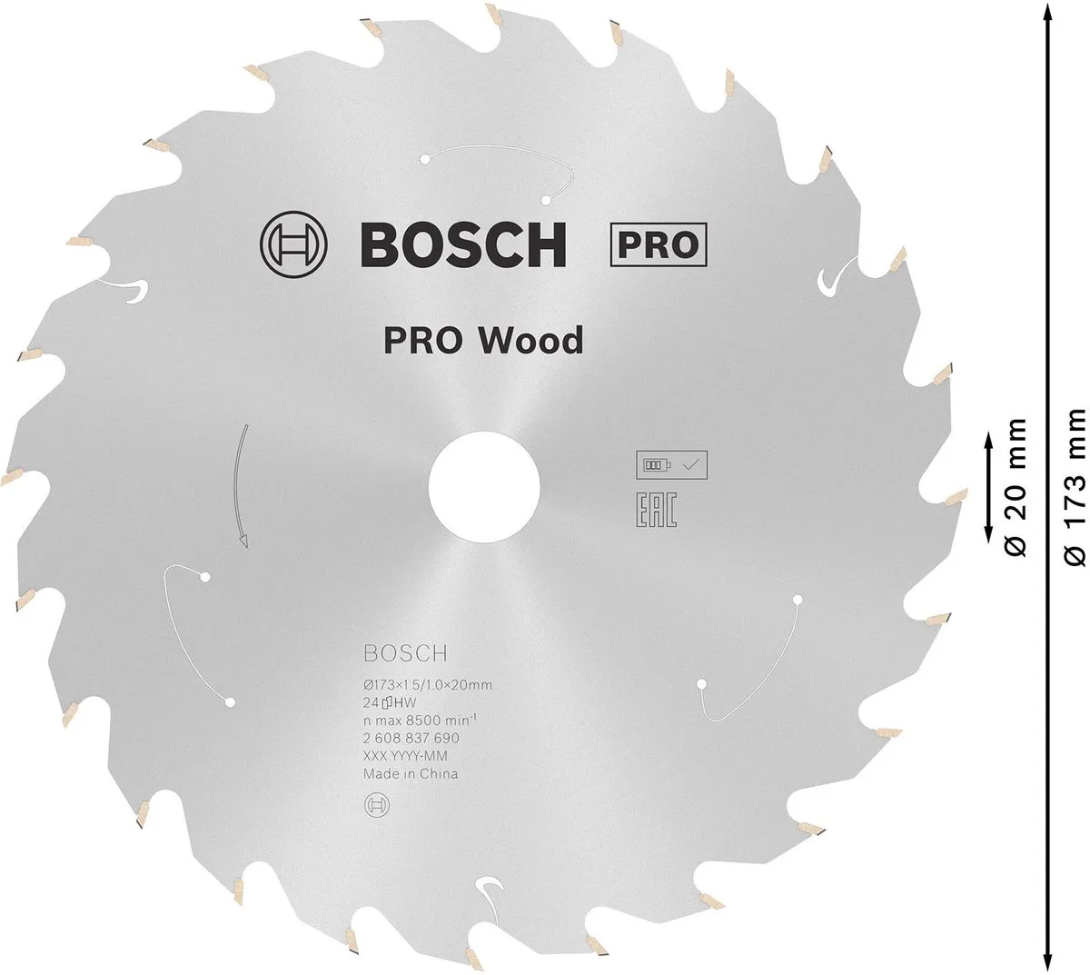 Bosch Professional PRO Wood Zaagblad 173mm - 24 Tanden - 20mm As