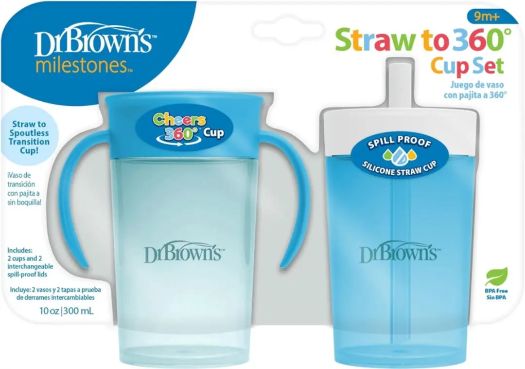 Dr. Brown's Milestones Rietjesbeker & 360° Oefenbeker Set 2 Stuks 300ml (Blauw/