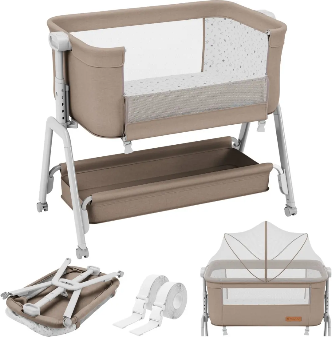 Tulano Dream 50 - 3-in-1 bijzetbedje - met muskietennet - matras met patronen - verstelbaar - taupe