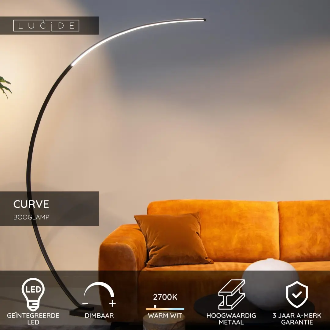 Lucide Curve Booglamp LED 15W 2700K - Zwart