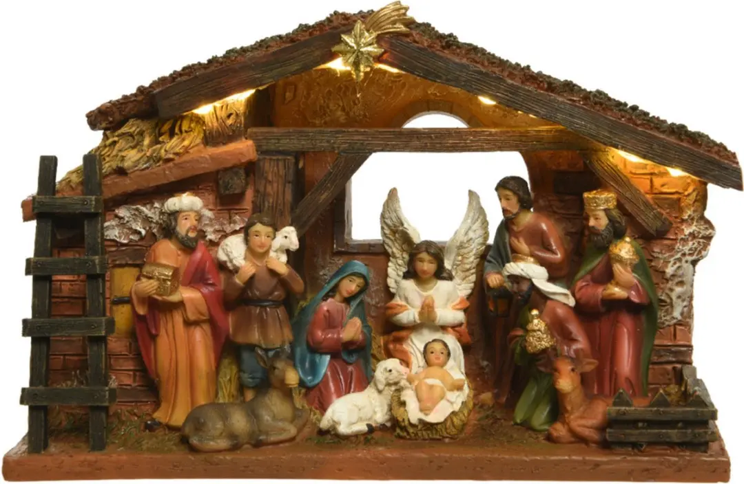 Complete kerststal met figuren en LED verlichting op batterij