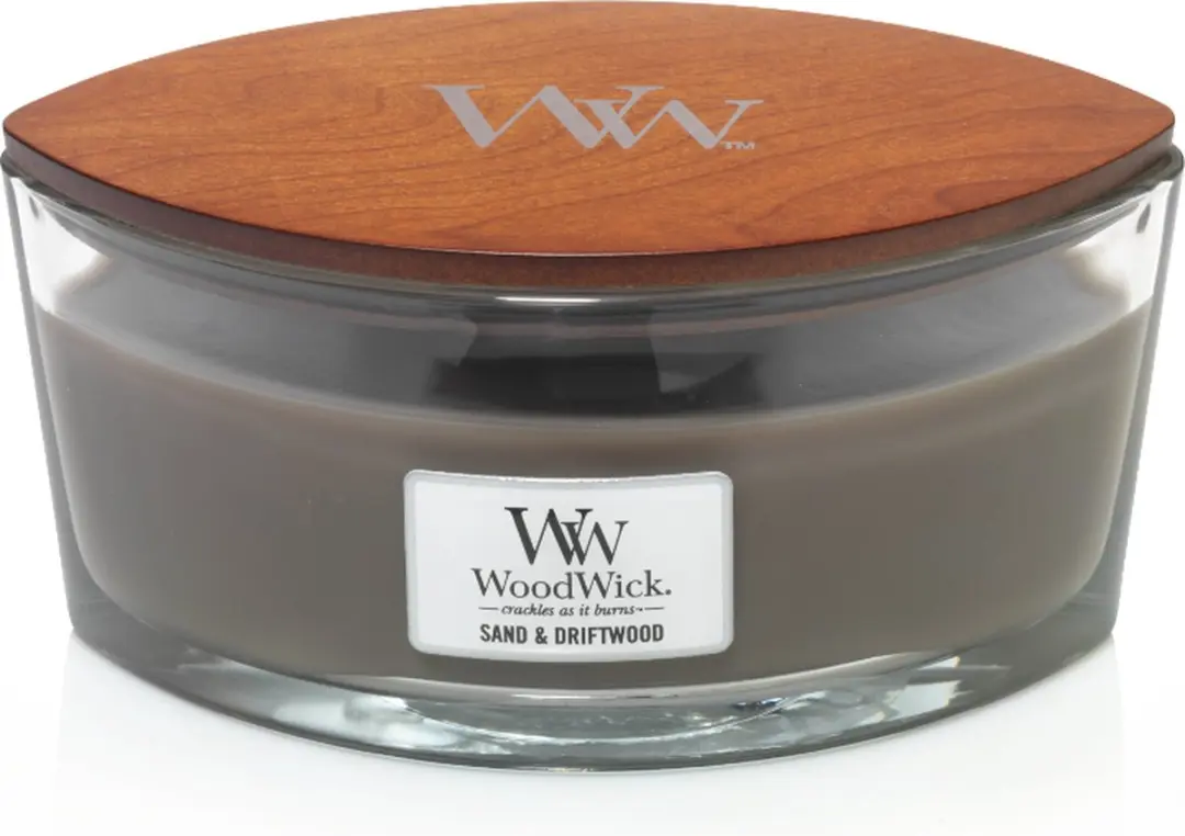 Woodwick Heartwick Flame Ellipse Geurkaars - Sand & Driftwood 50 uur