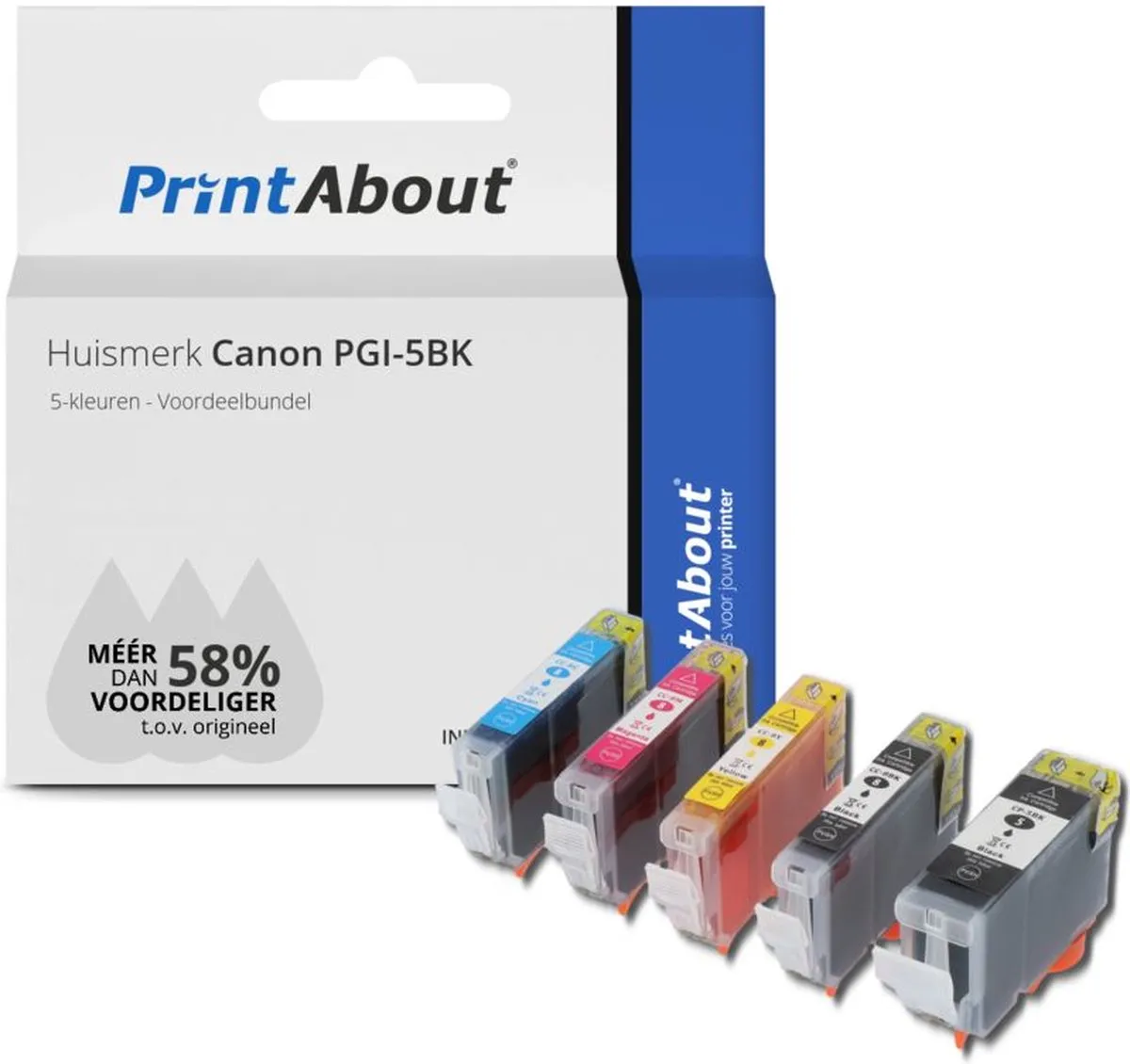 PrintAbout Inktcartridge PGI-5BK - 5 Kleuren 88.5ml - o.a. Canon PIXMA