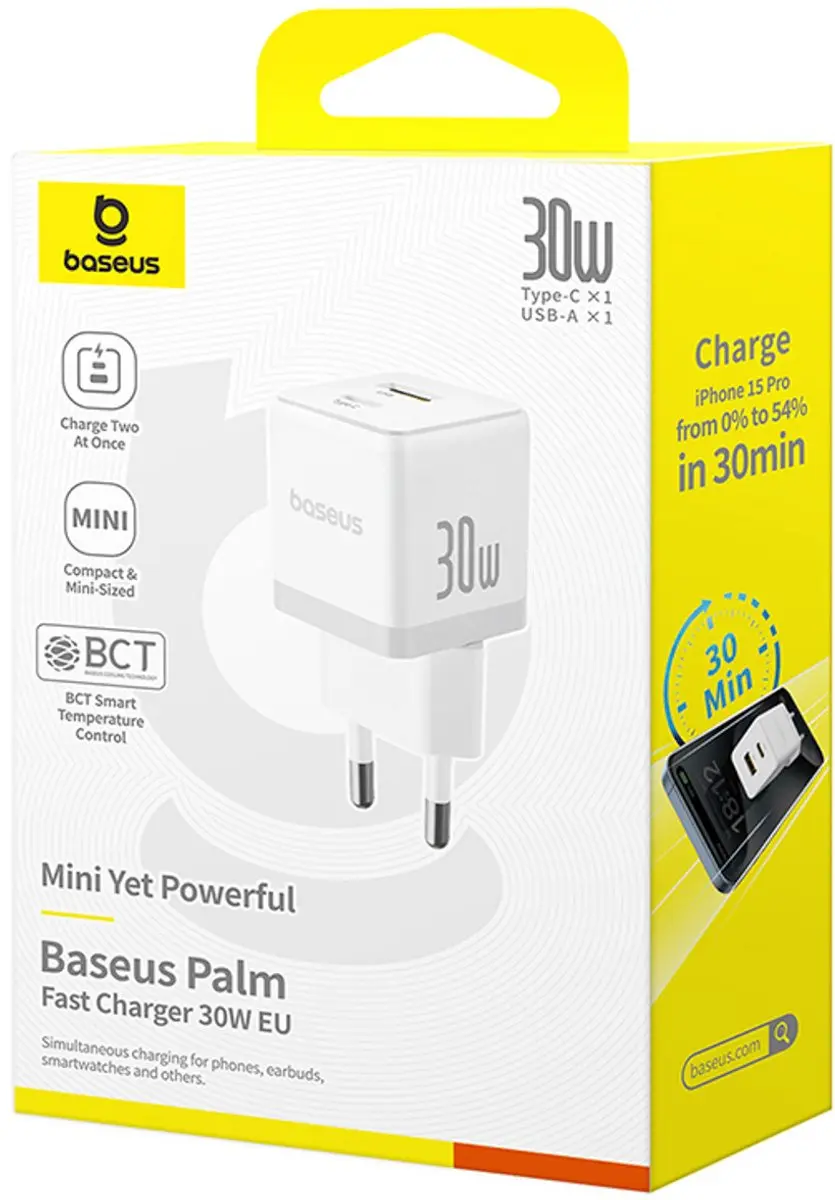 Baseus Palm Wall Charger 30W USB-C/USB-A - Transparent