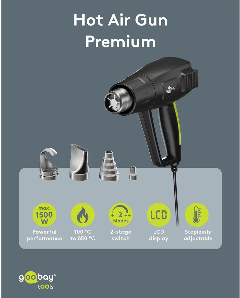 Goobay Heteluchtpistool Premium 1500W - LCD-display - 4 Mondstukken