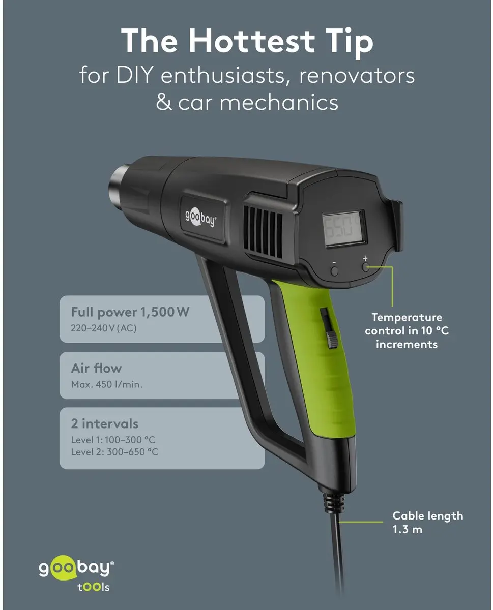 Goobay Heteluchtpistool Premium 1500W - LCD-display - 4 Mondstukken