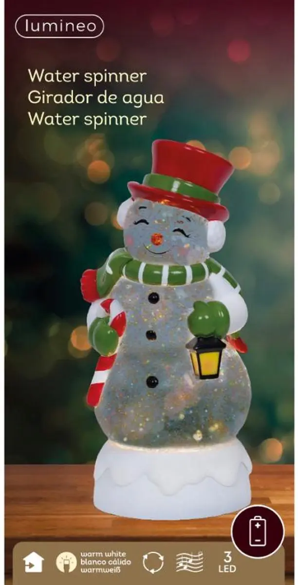 Lumineo LED Waterspinner Sneeuwman - Warm wit - 11,5x10,5x25cm