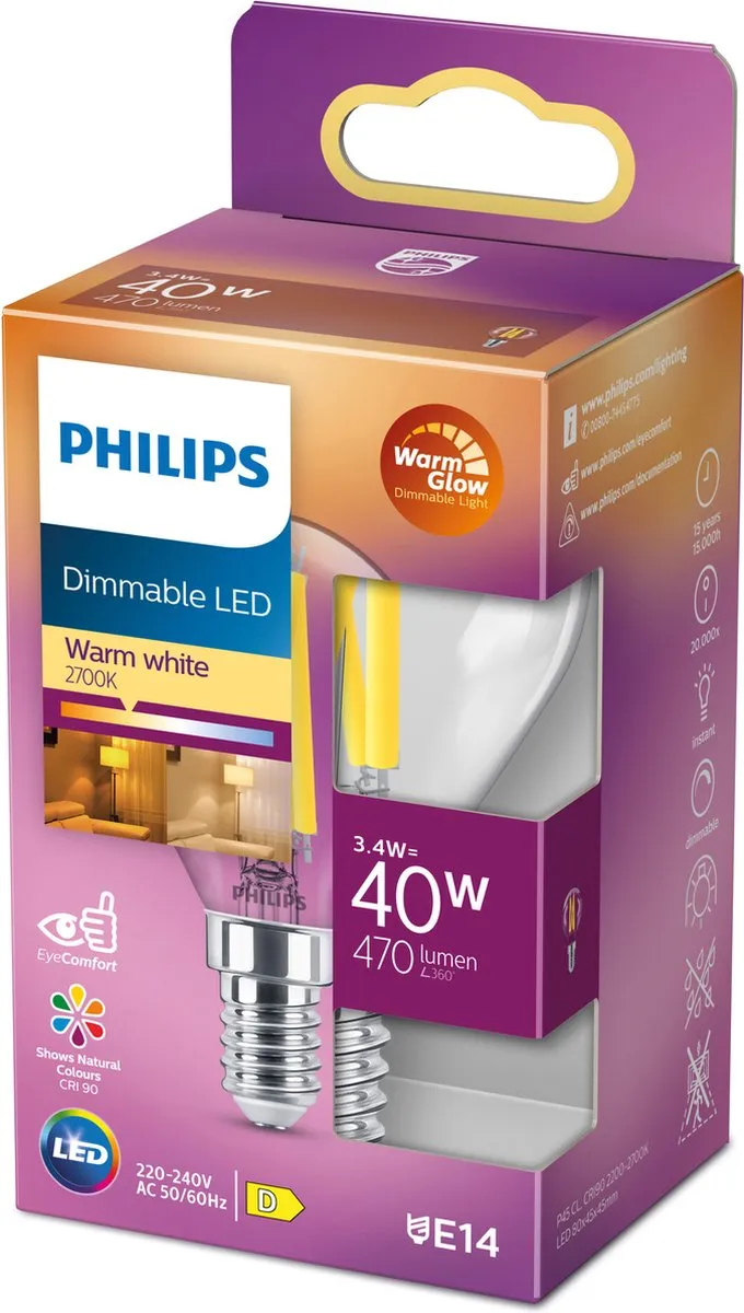 Philips LED Kogellamp Transparant 40W E14 - Warmwit