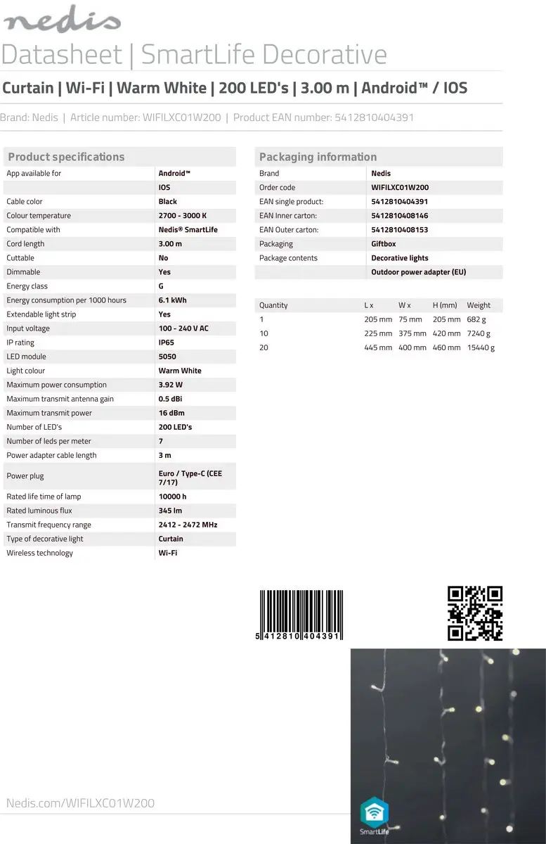 Nedis SmartLife Kerstverlichting Gordijn 200 LED Warm Wit 3m - afbeelding 2 van 6