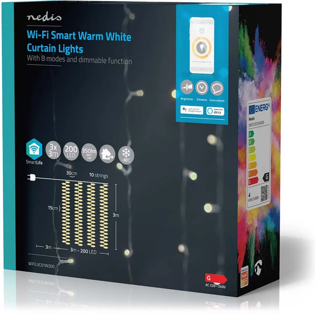 Nedis SmartLife Kerstverlichting Gordijn 200 LED Warm Wit 3m