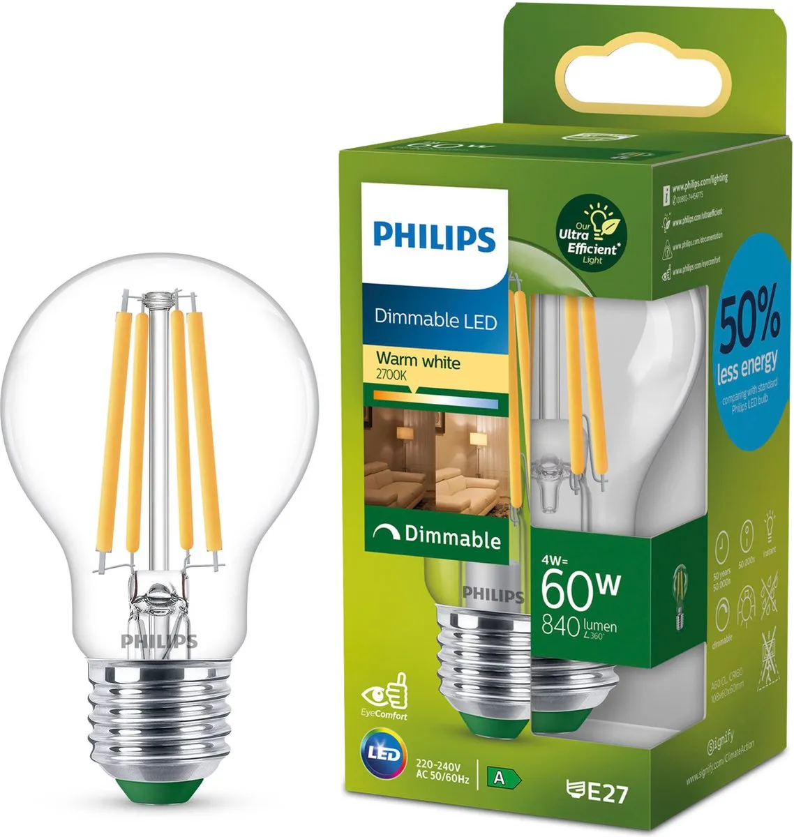 Philips Ultra Efficient LED Transparant 4W E27
