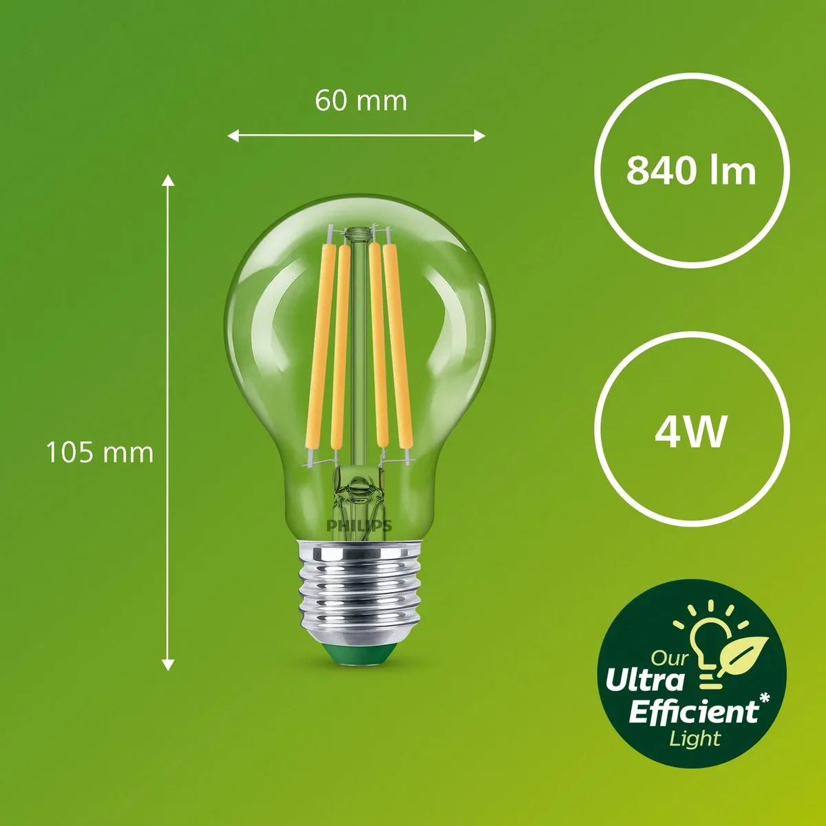 Philips Ultra Efficient LED Transparant 4W E27 - Warmwit 2700K