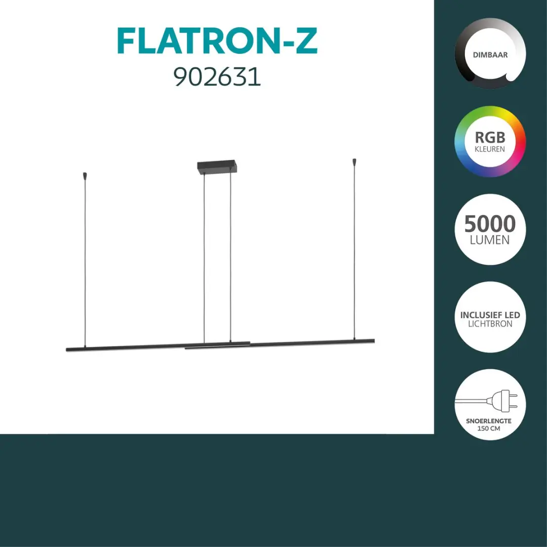 Eglo Flatron-Z Hanglamp 150cm - Zwart - RGB & Wit - Zigbee
