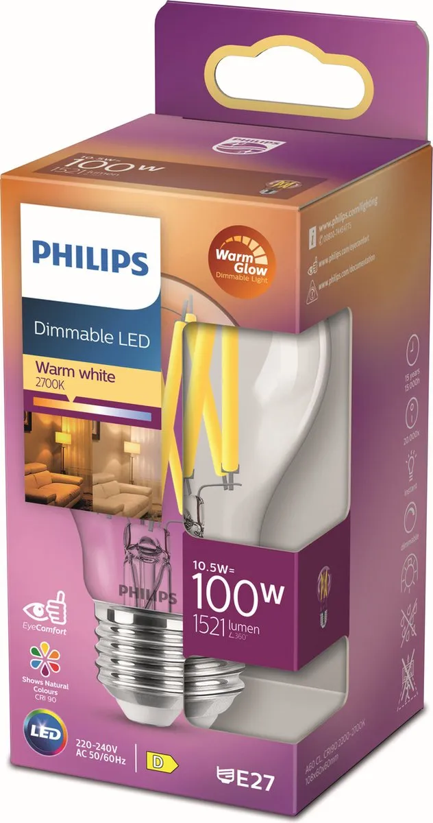 Philips LED Lamp Transparant 10.5W E27 - Warmwit 2700K