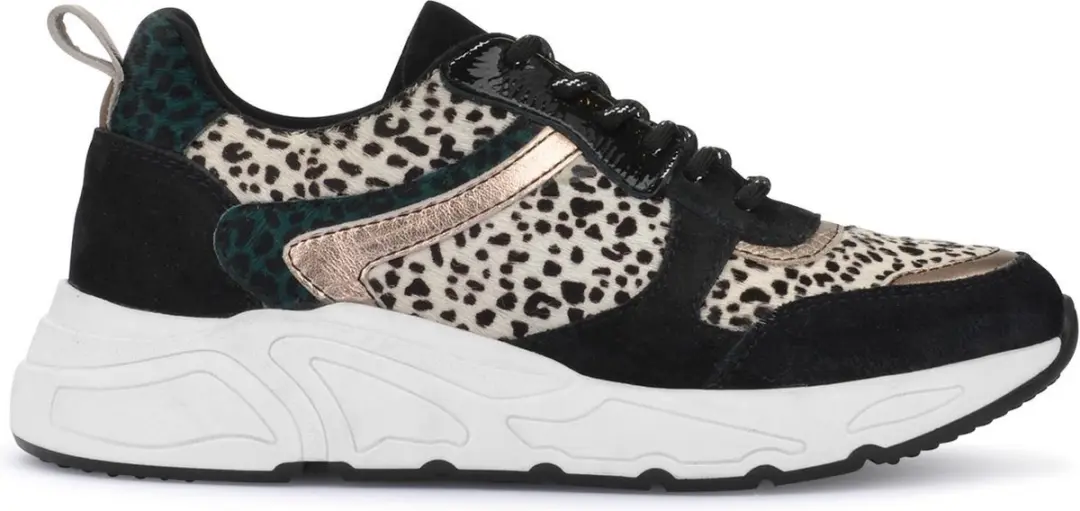 PS Poelman Dames Sneakers Furry Luipaard Print en Metallic - Carocel - Zwart Multi - Maat 37