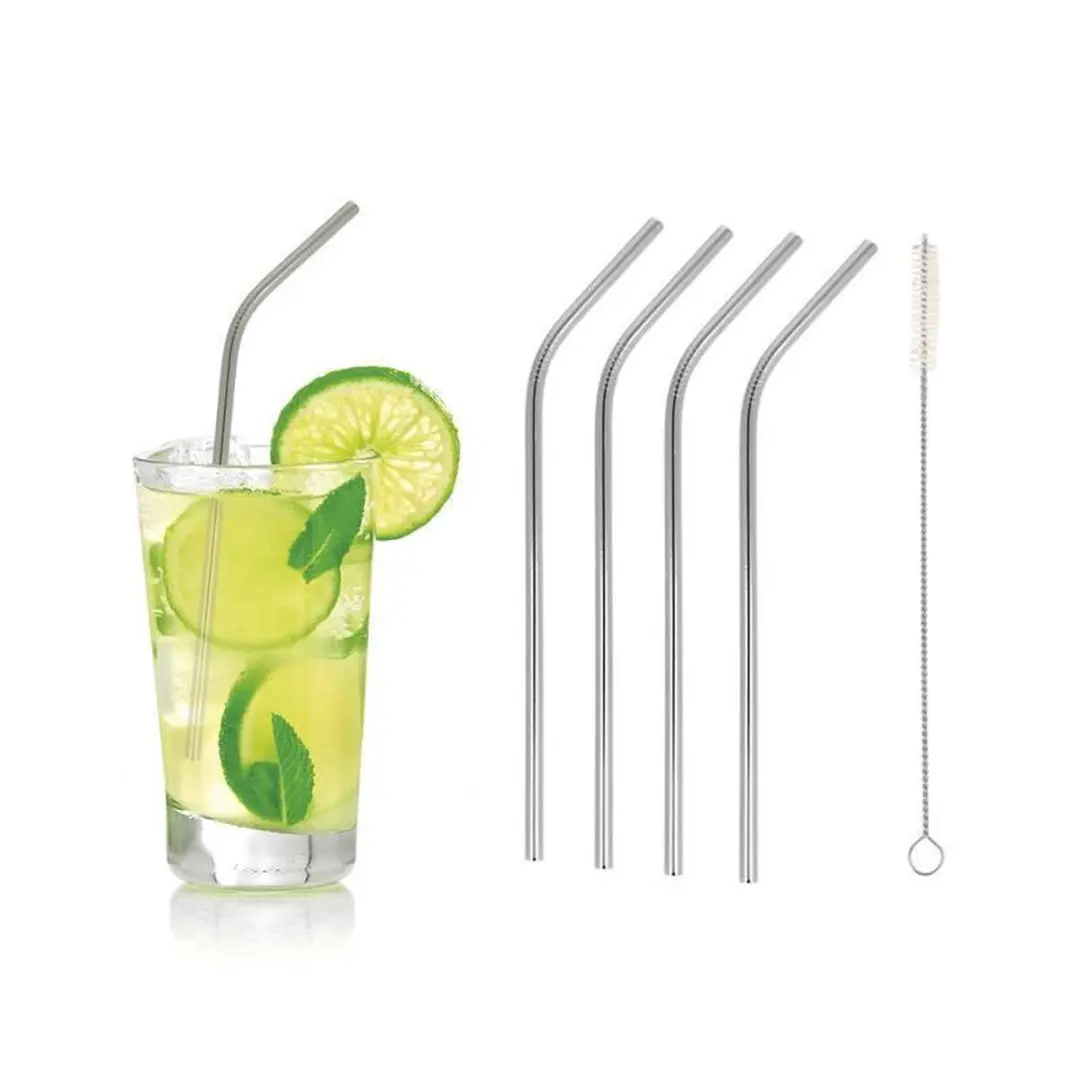 Metaltex Drinkrietjes Inox 5-delig - Gebogen - met Borstel