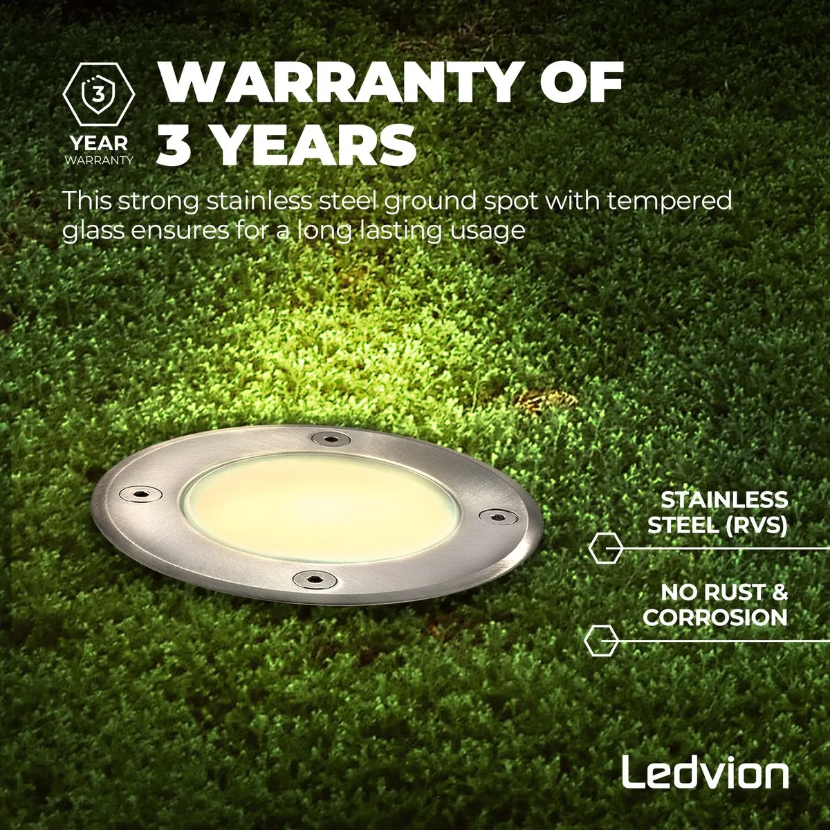 Ledvion 3x LED Grondspot 5W 2700K GU10 IP67 - Geborsteld RVS - afbeelding 6 van 6