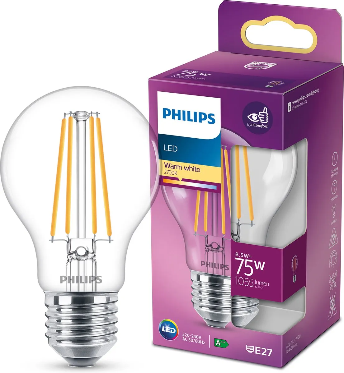 Philips LED Lamp Transparant 8.5W E27 - Warmwit