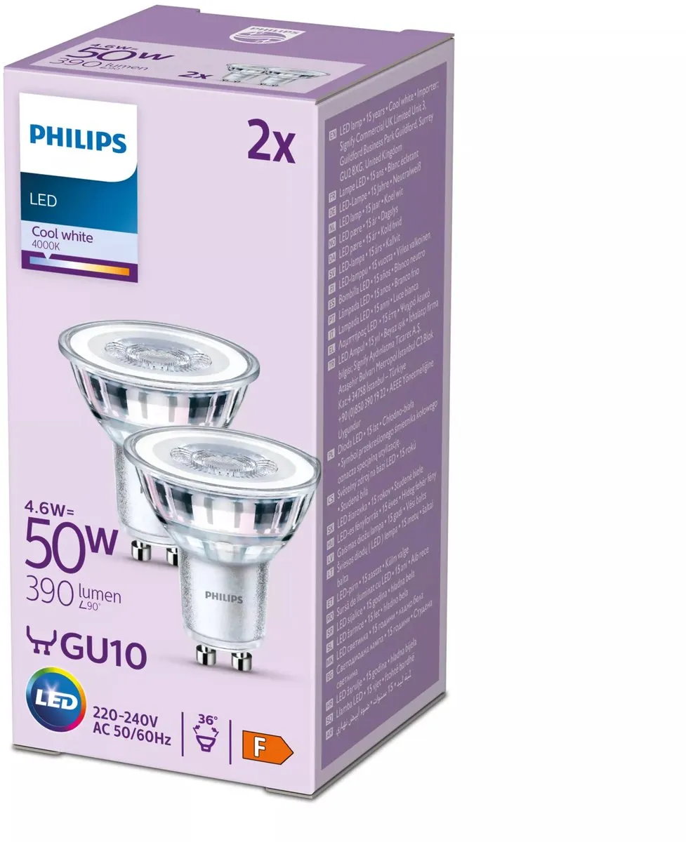 Philips LED Spot GU10 4.6W Koelwit - 2 Stuks