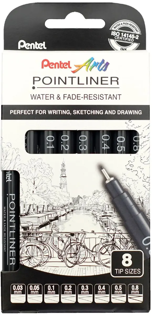 Pentel Pointliner Fineliners 0,03-3,0mm - 14 Stuks - Zwart/Grijs/Sepia