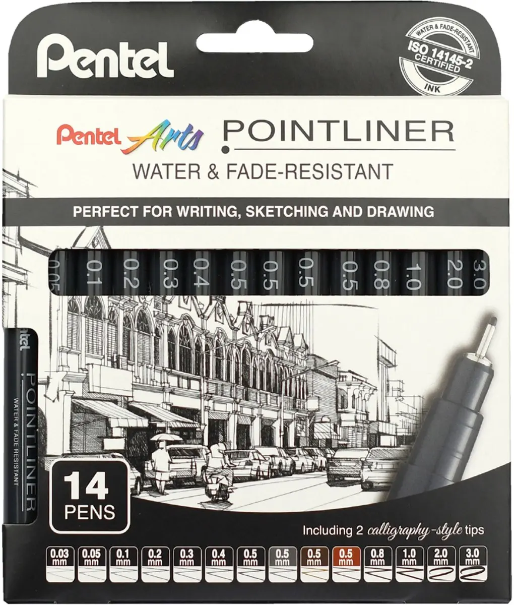 Pentel Pointliner Fineliners 0,03-3,0mm - 14 Stuks - Zwart/Grijs/Sepia