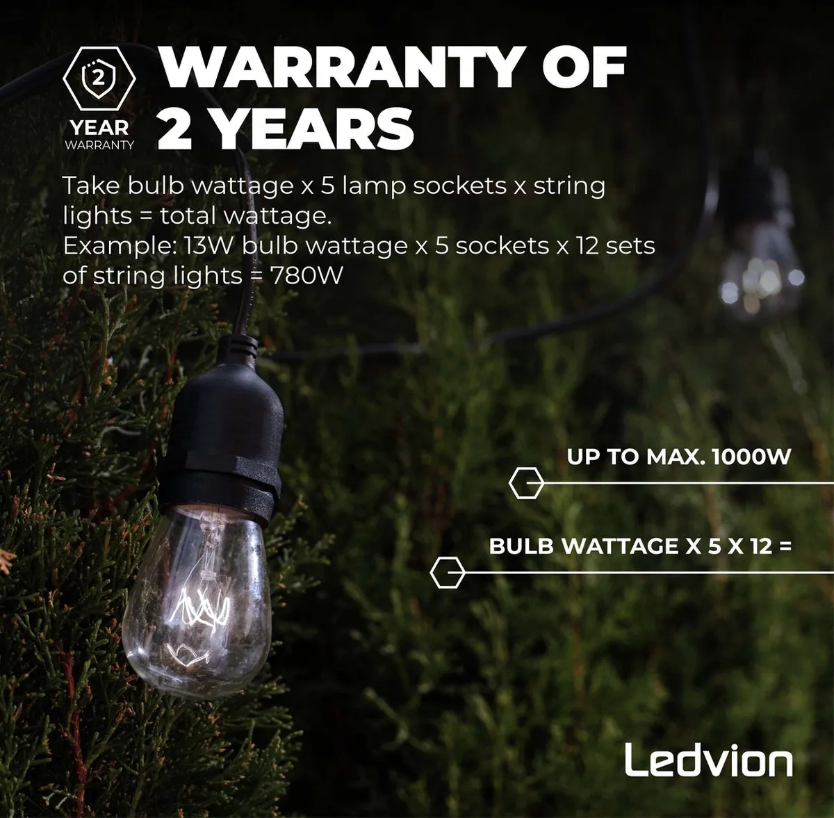 LEDVION Prikkabel 45m - 45x E27 LED 45W 2100K Zilver - IP65