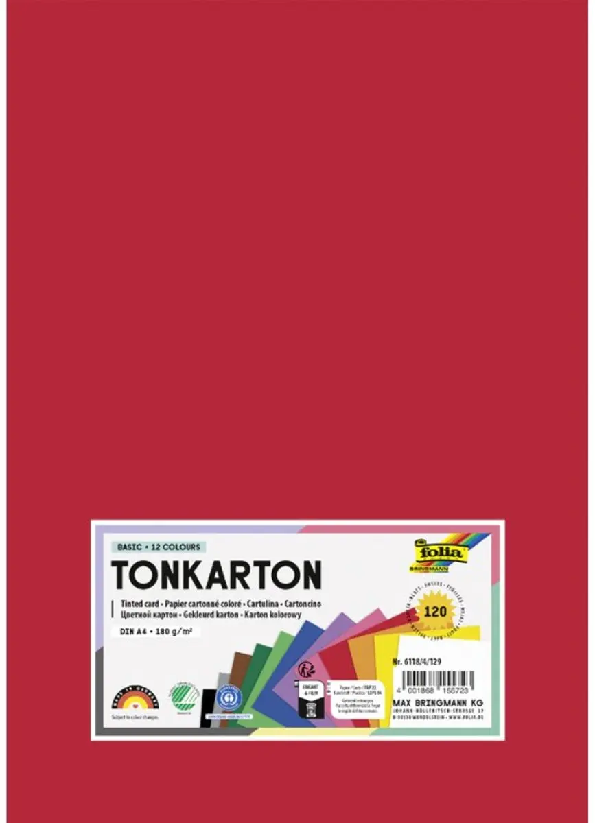 folia tonkarton A6, 180 g/m², 12 kleuren gesorteerd, 120 vel