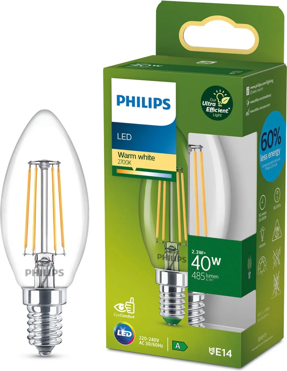 Philips Ultra Efficient LED Kaarslamp E14 2.3W Warmwit