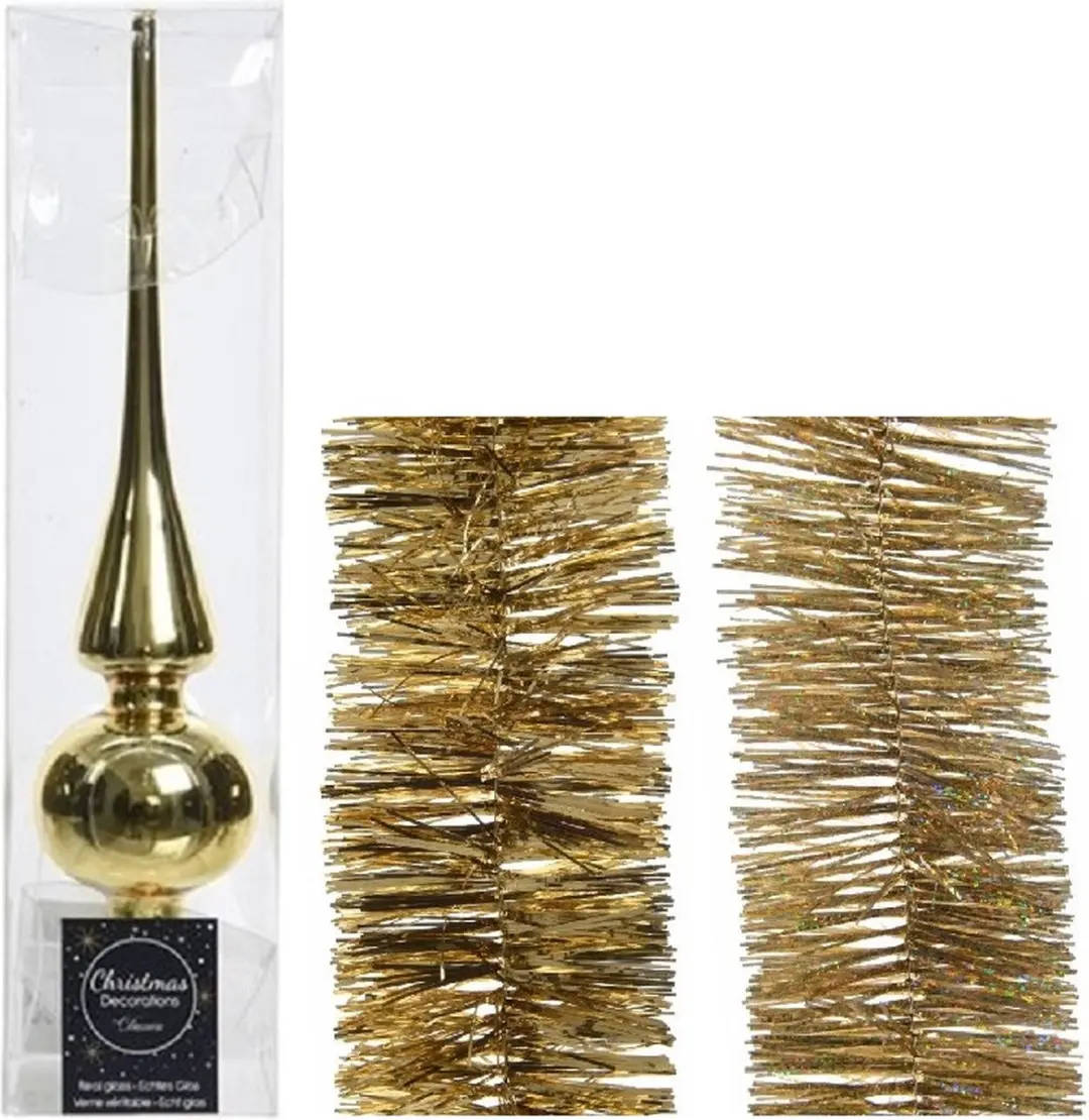 Kerstversiering glazen piek glans 26 cm en folieslingers pakket goud van 3x stuk