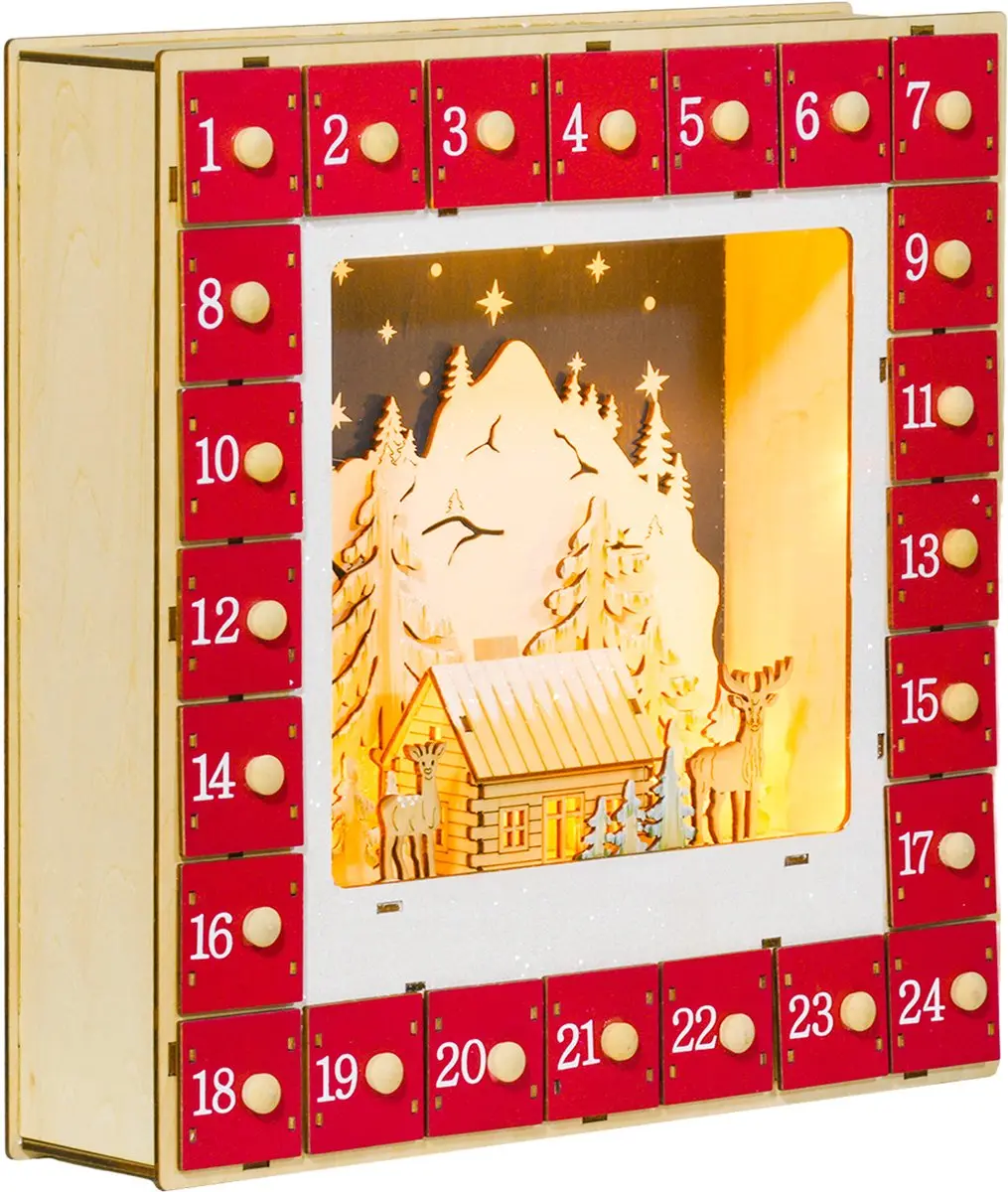 HOMCOM-Weihnachts-Adventskalender-MDF-34L x 7B x 34H cm-Rot