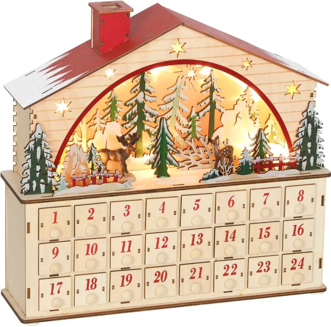 HOMCOM Kerst Adventskalender Meerlaagsplaat 36L x 10B x 34H cm Natuurhout