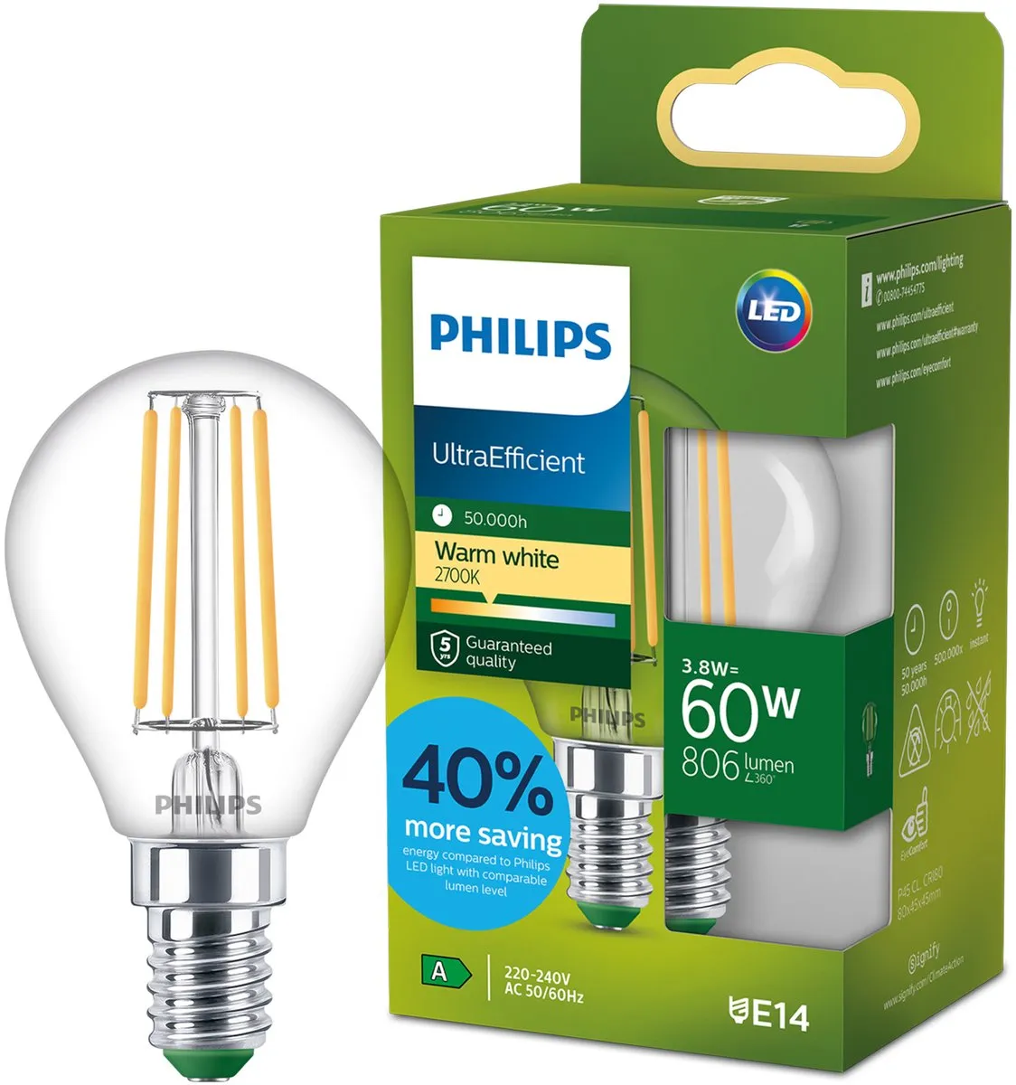 Philips UltraEfficient LED E27 3.8W Warmwit P45