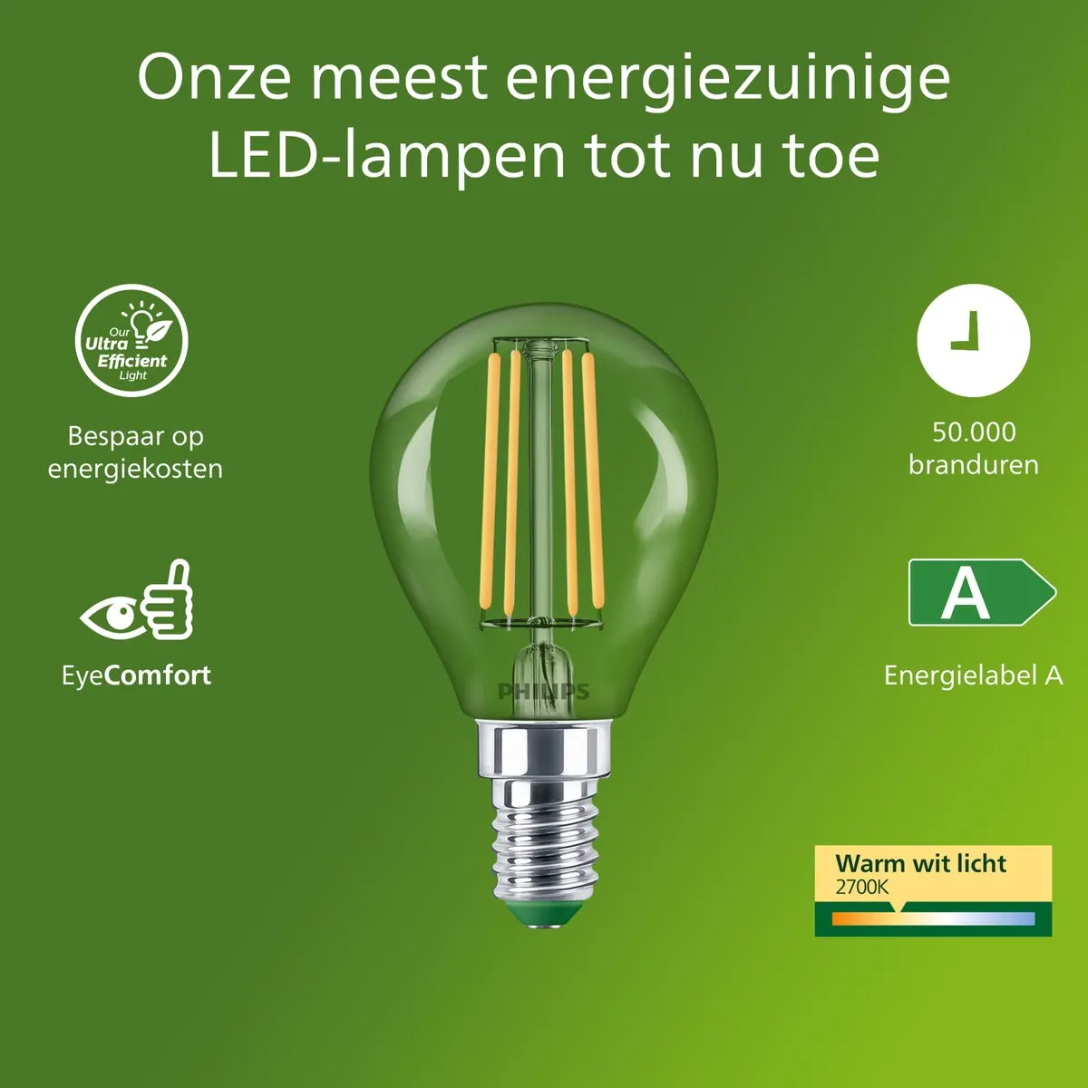 Philips UltraEfficient LED E27 3.8W Warmwit P45 - Helder glas
