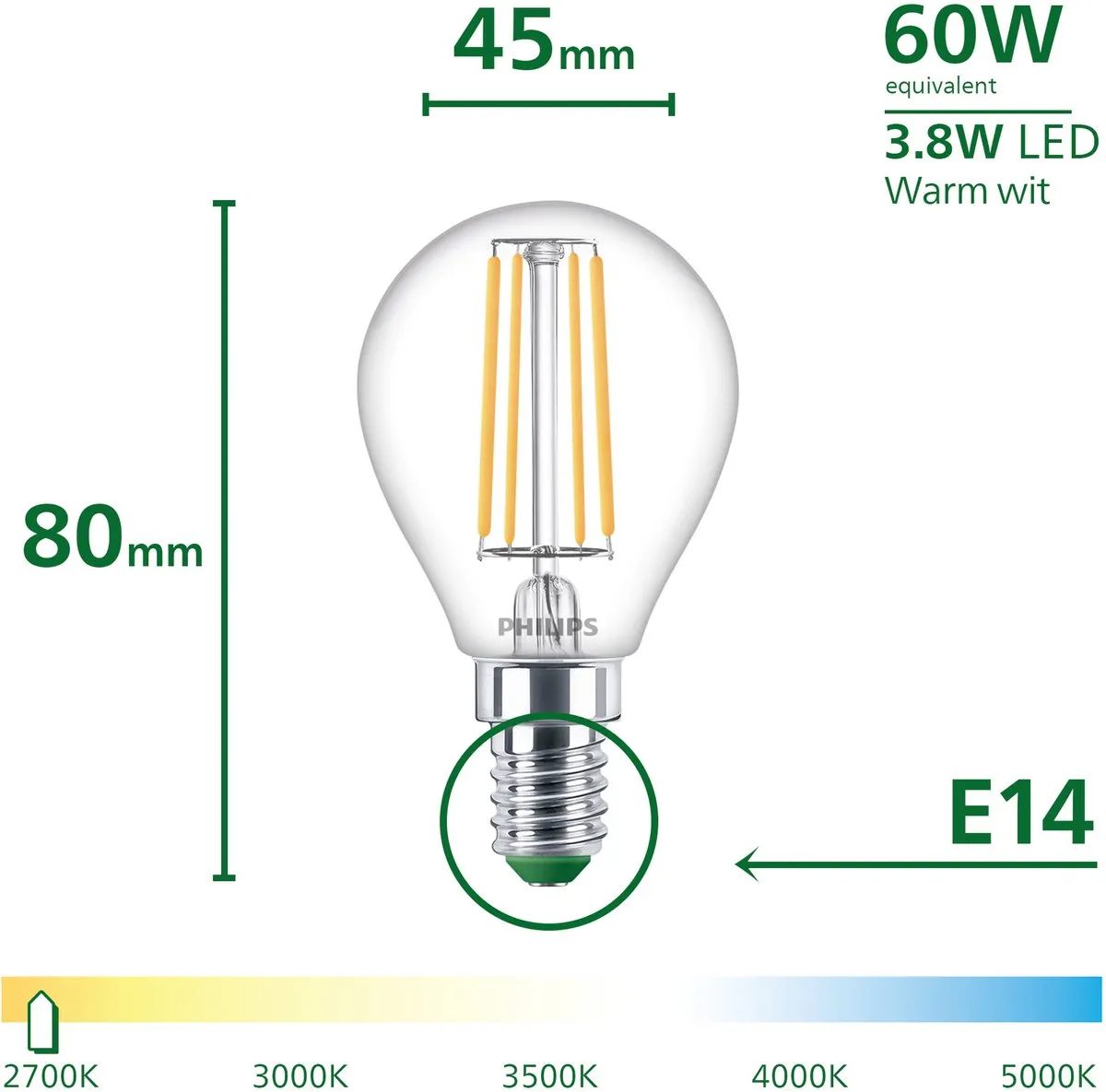 Philips UltraEfficient LED E27 3.8W Warmwit P45 - Helder glas