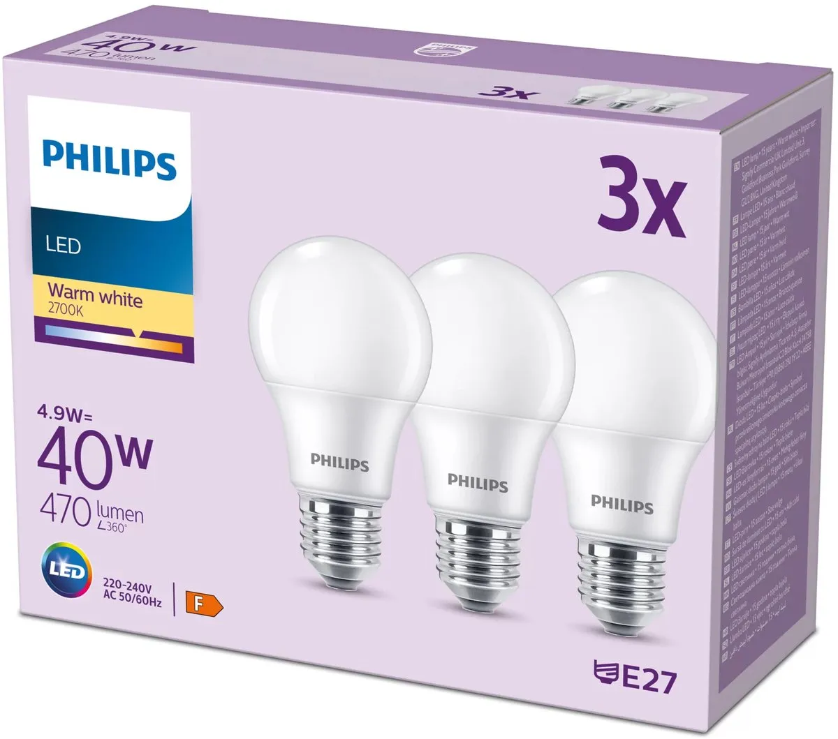 Philips LED Lamp Mat E27 4.9W Warmwit - 3 Stuks