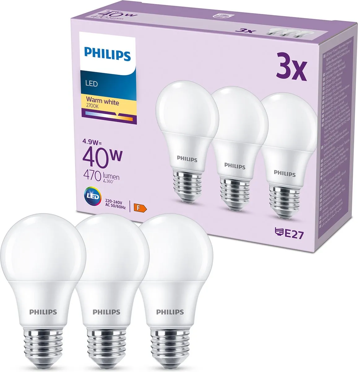 Philips LED Lamp Mat E27 4.9W Warmwit - 3 Stuks