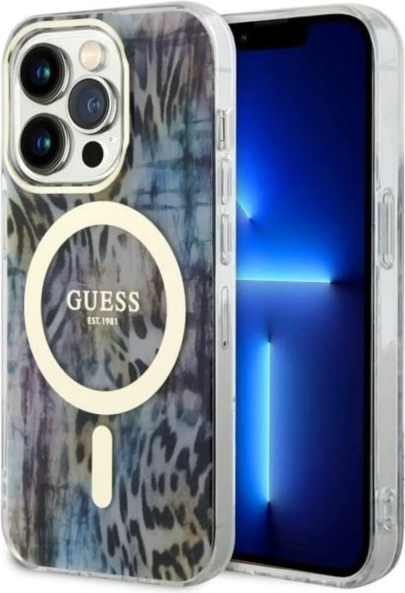 Guess GUHMP14LHLEOPWB Hoesje iPhone 14 Pro - MagSafe - Blauw - Leopard - afbeelding 4 van 6