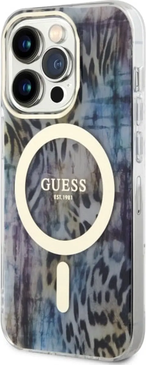 GUESS GUHMP14XHLEOPWB Hoesje iPhone 14 Pro Max - Blauw Luipaard - MagSafe - afbeelding 4 van 6