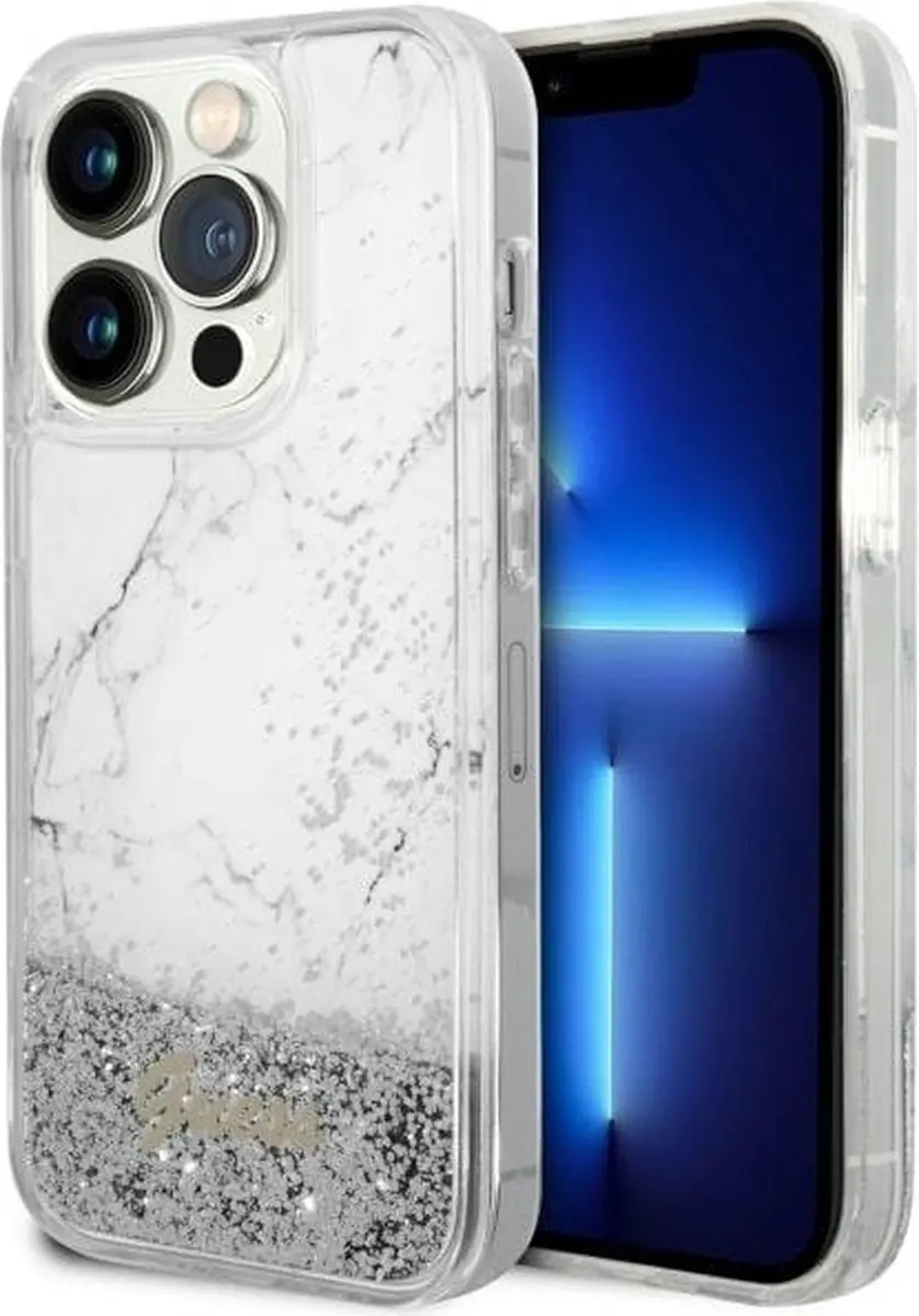 GUESS GUHCP14LLCSGSGH Hoesje iPhone 14 Pro - Wit Liquid Glitter Marble - afbeelding 6 van 6
