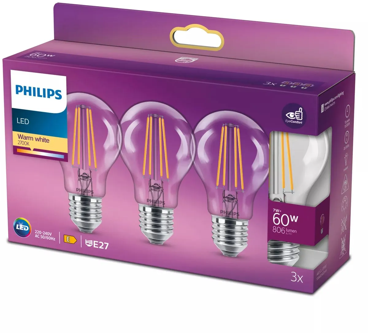 Philips LED Standaardlamp E27 7W Warmwit 3-pack