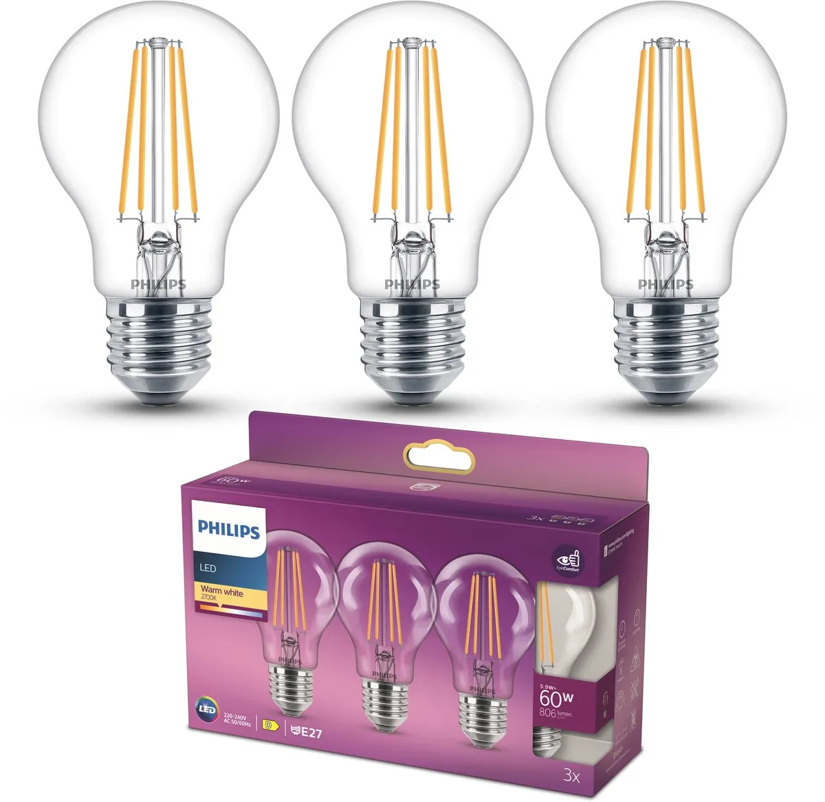 Philips LED Standaardlamp E27 7W Warmwit 3-pack